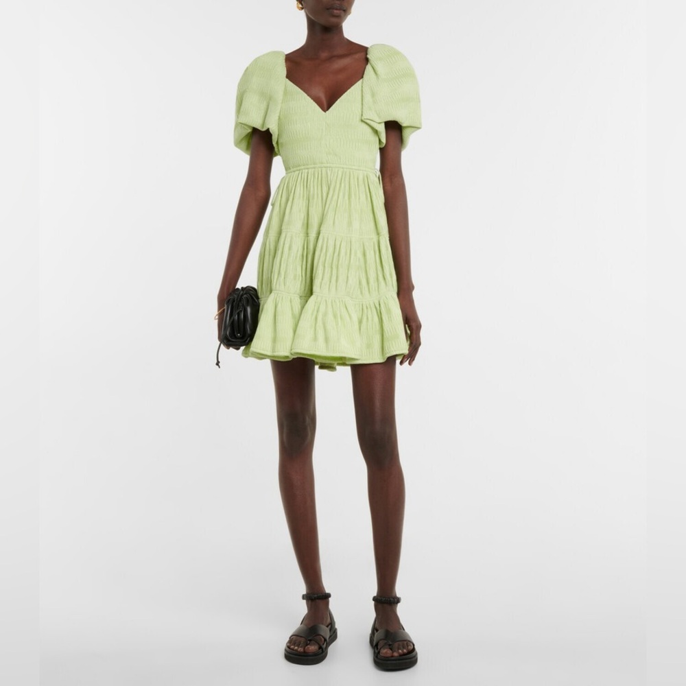 Jonathan Simkhai || Cadence Plissé Mini Dress Fit Flare Puff Sleeve Pear Green 0